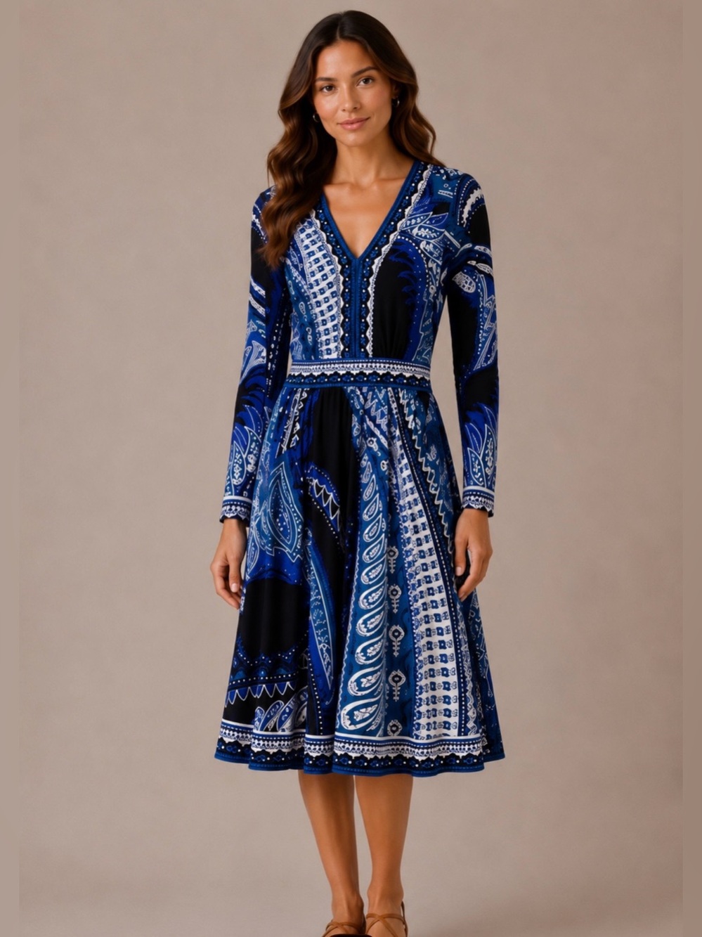 ECI New York Sz M Midi Dress Tie Back V-Neck Turquoise Blue Black Paisley Print